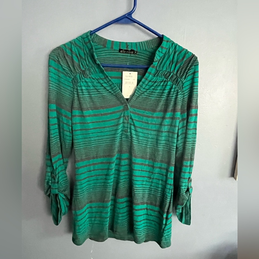 Ella Moss Medium Henley Type Top Green/Grey Strip